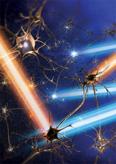 Artists rendering of light pulses switching neurons on and off