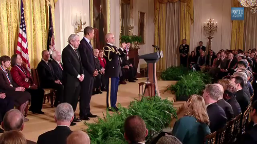 National Institutes of Health intramural researcher Mortimer Mishkin, Ph.D., is awarded the National Medal of Science at a White House ceremony.  