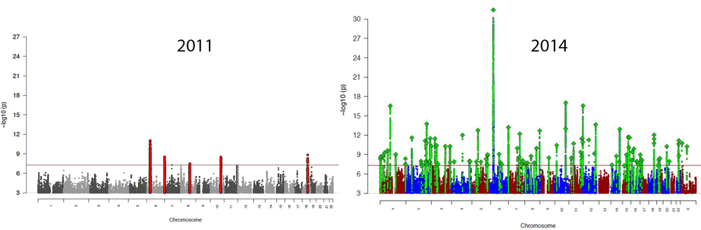 Schizophrenia genetics Manhattan plots, 2011, 2014