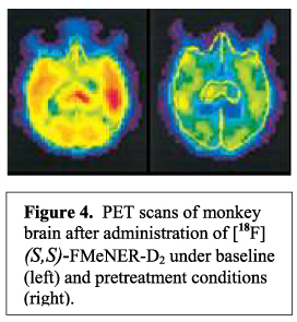 Figure 4: PET scans of money brains after administration of [18F] (s,S)-FMeNER-D2 under baseline (left) and pretreatment conditions (right).