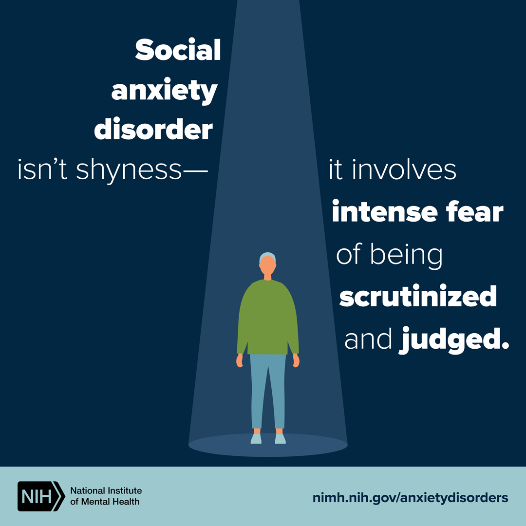 Illustration of a person in a spotlight with the message “Social anxiety disorder isn’t shyness–it involves intense fear of being scrutinized and judged.” Points to nimh.nih.gov/anxietydisorders.