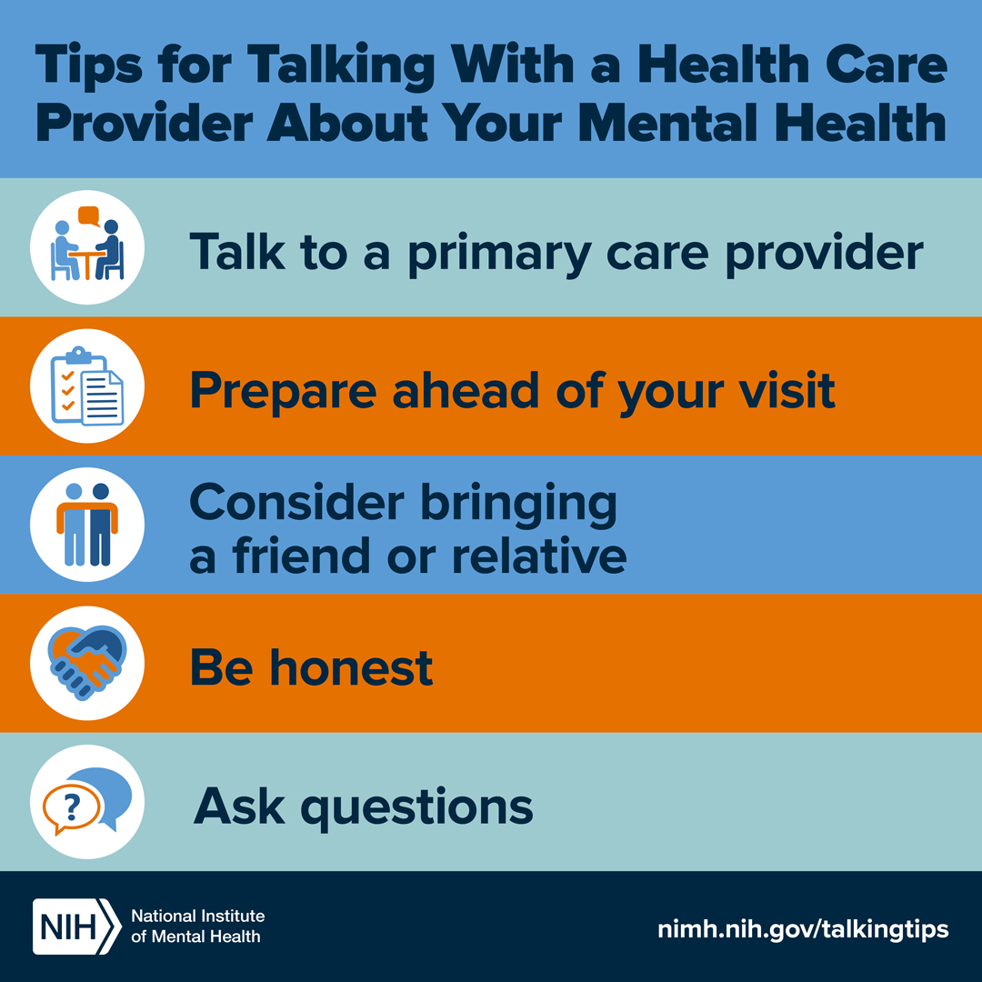 Presents five tips for talking to a health care provider: talk to a primary care provider, prepare ahead of your visit, consider bringing a friend or relative, be honest, ask questions. Points to nimh.nih.gov/talkingtips