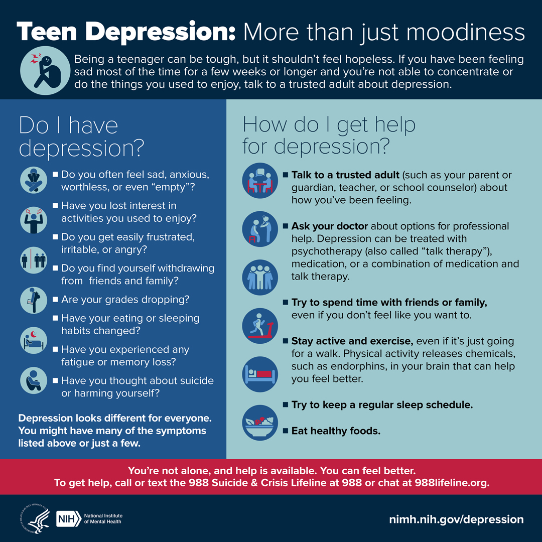 Presents information about how to recognize the symptoms of depression in teens and how to get help. Points to nimh.nih.gov/depression 