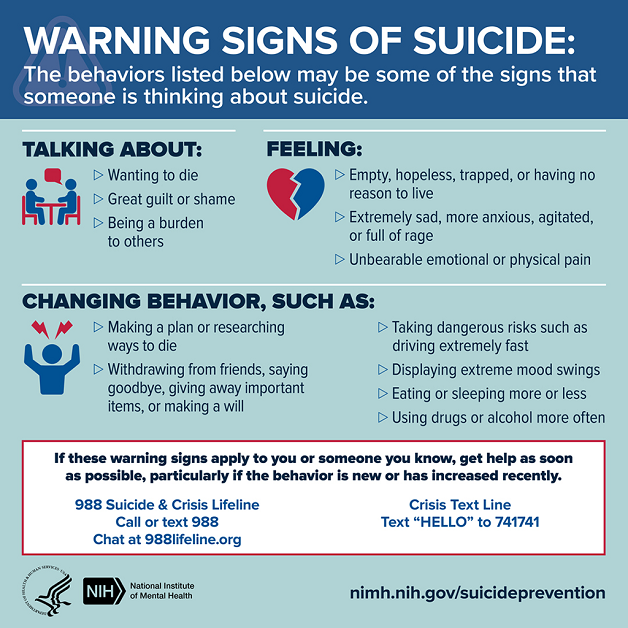 Presents behaviors and feelings that may be warning signs that someone is thinking about suicide. Points to nimh.nih.gov/suicideprevention. 