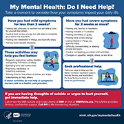 Presents information about how to assess your mental health and determine if you need help. It provides examples of mild and severe symptoms, self-care activities, and options for professional help.