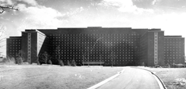 A wide angle view of the recently opened NIH clinical center in in Bethesda, Maryland circa 1960.