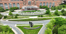 An aerial view of the entrance to the National Institutes of Health Clinical Center in Bethesda, Maryland.