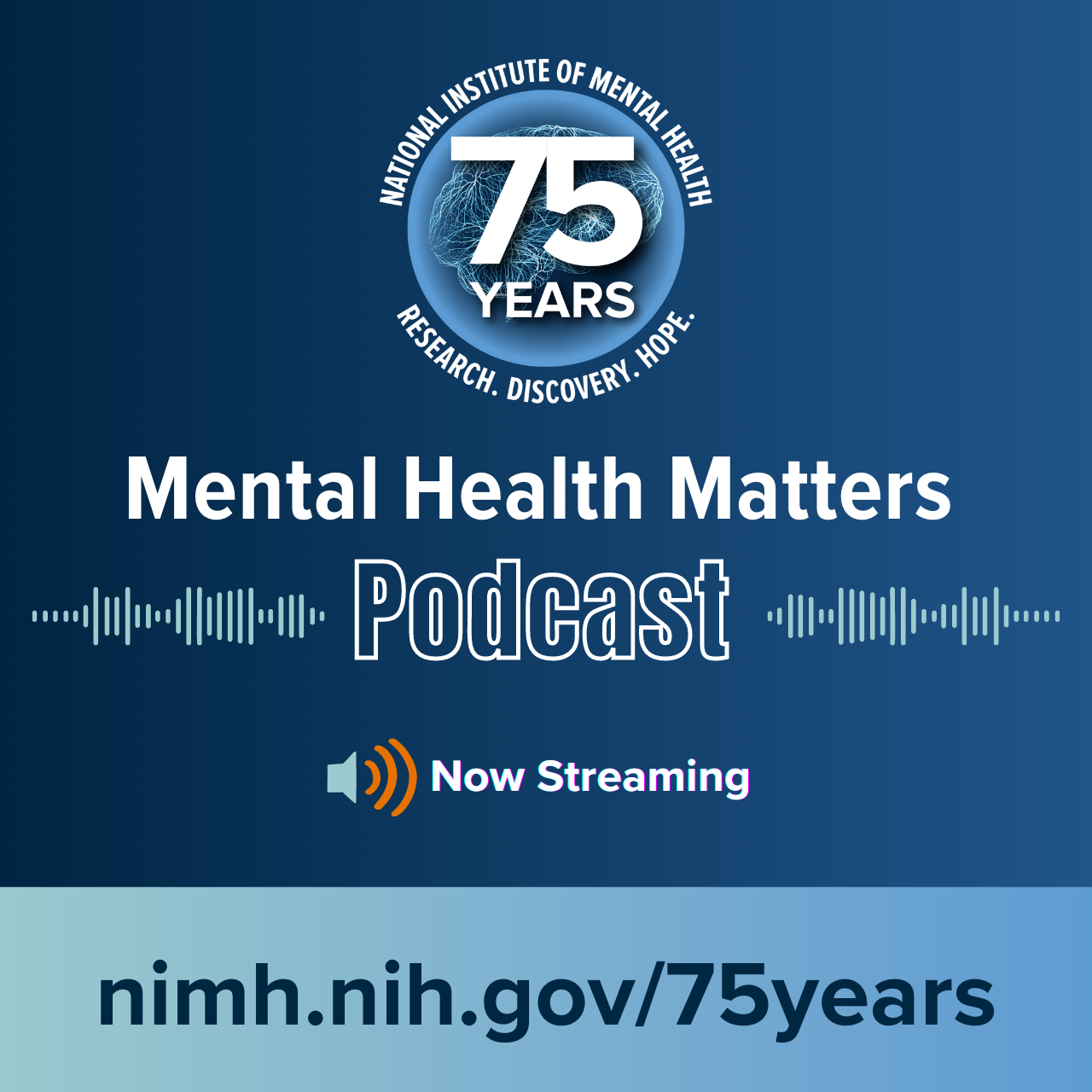 NATIONAL INSTITUTE OF MENTAL HEALTH 75 YEARS RESEARCH. DISCOVERY. HOPE. Mental Health Matters Podcast Now Streaming Points to nimh.nih.gov/75years