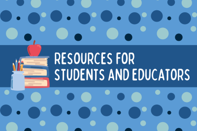Resources for Students and Educators. Illustration of an apple, books, and pencils on a blue polka dot background.