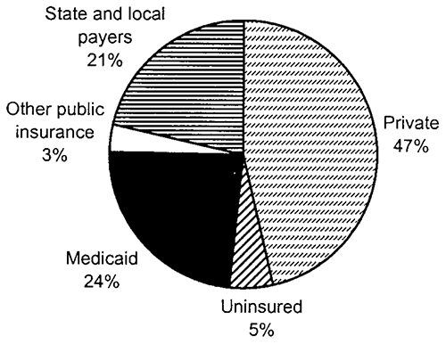 Figure 11: Total Mental Health Costs, by Insurance Status. Pie graph shows private = 47%; uninsured = 5%; Medicaid = 24%; other public insurance = 3%; and state and local payers = 21%.