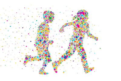 Outlines of a girl and a boy running, filled in with colorful dots.
