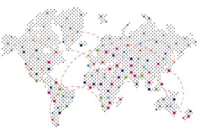 Map of the world with various locations marked by colorful dots and connected by dotted lines.