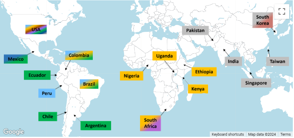 World map showing the location of projects in the Ancestral Populations Network: USA, Mexico, Ecuador, Peru, Chile, Colombia, Brazil, Argentina, Nigeria, South Africa, Uganda, Ethiopia, Kenya, Pakistan, India, Singapore, Taiwan, and South Korea.