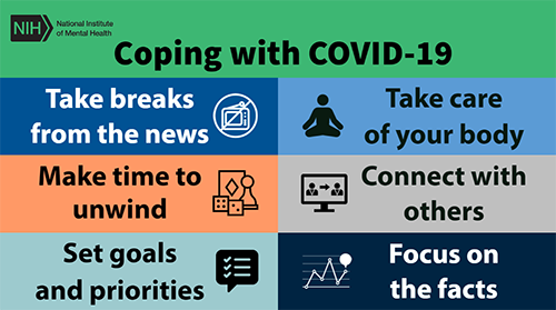 Tips for coping with COVID-19: take breaks from news, make time to unwind, set goals and priorities, take care of your body, connect with others, focus on the facts.