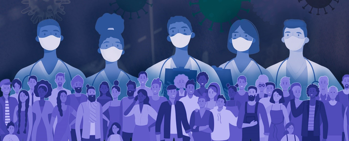 Blue toned cartoon image showing six medical personnel standing in the background of the image behind smaller people of varyingages standing in the foreground of the image.