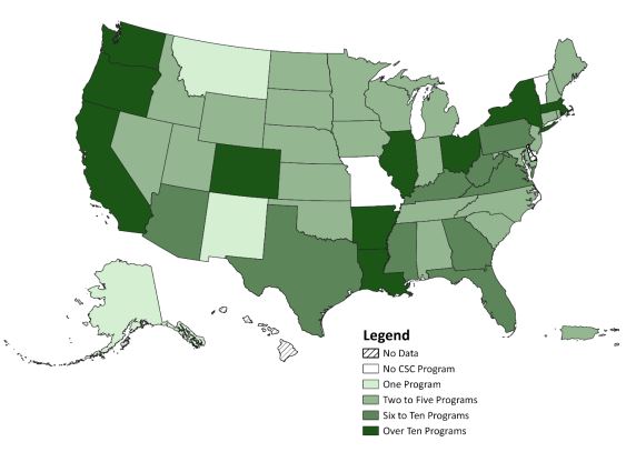 A map showing the number of Coordinated Specialty Care programs in each U.S. state.