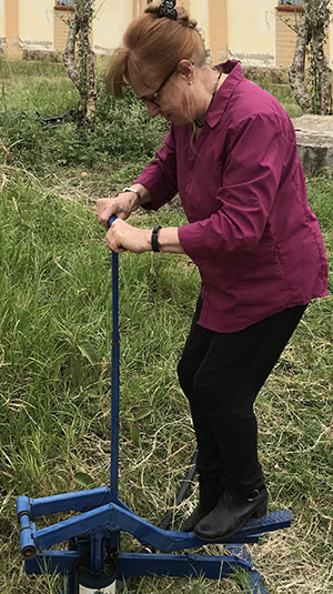 photo of Dr. Dianne Rausch of NIMH standing and placing her foot on a pedal-powered irrigation pump in a field in Kenya.