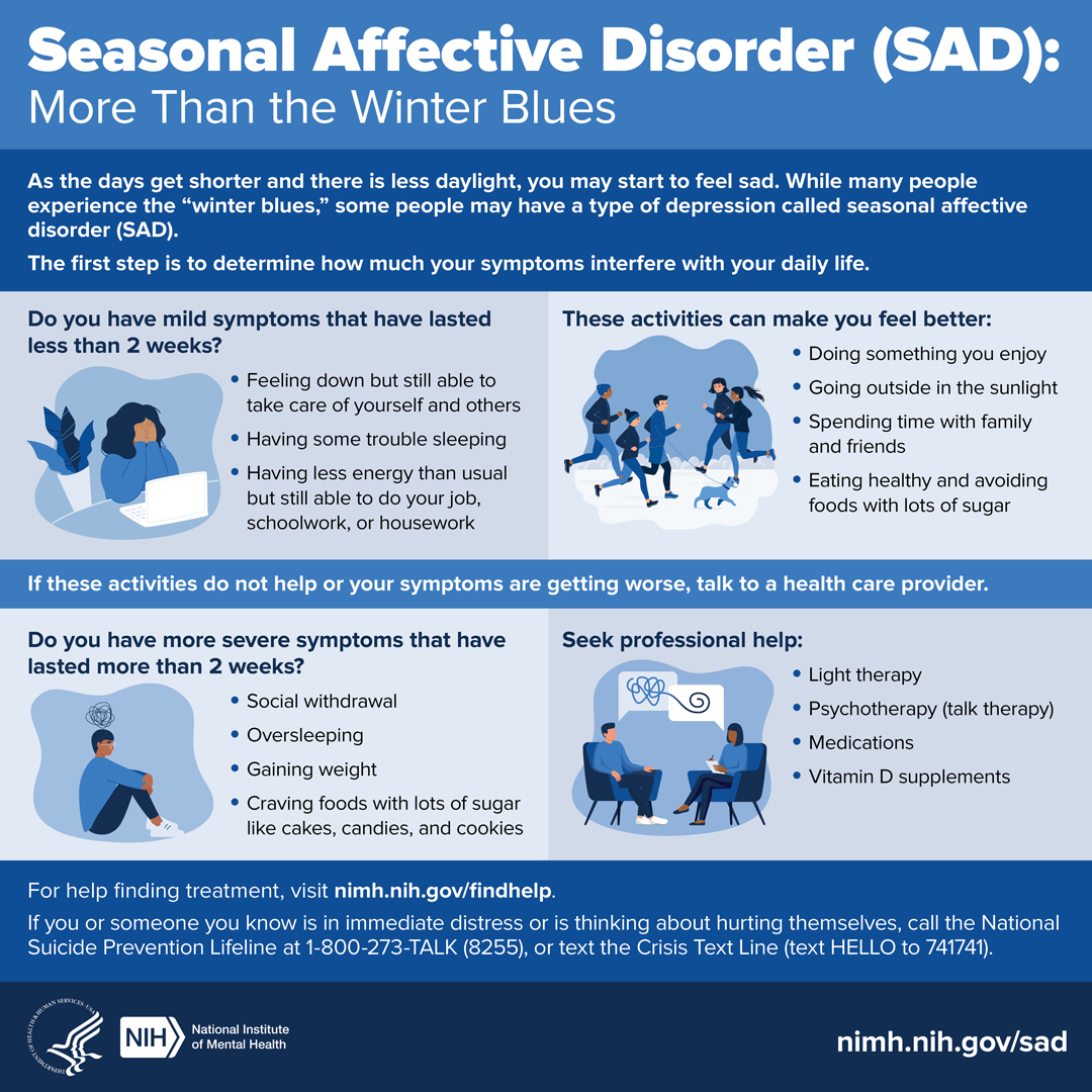 Presents information about how to recognize the symptoms of seasonal affective disorder (SAD) and what to do to get help. Points to nimh.nih.gov/SAD.