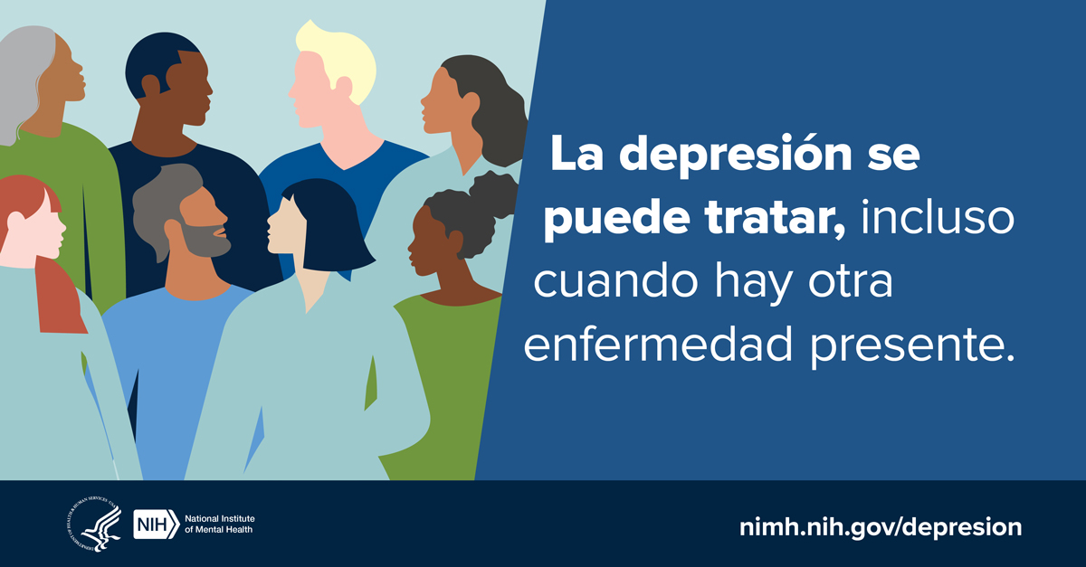 Ilustración de un grupo diverso de personas con un mensaje al lado que dice que la depresión se puede tratar. Le dirige a www.nimh.nih.gov/depresion. 