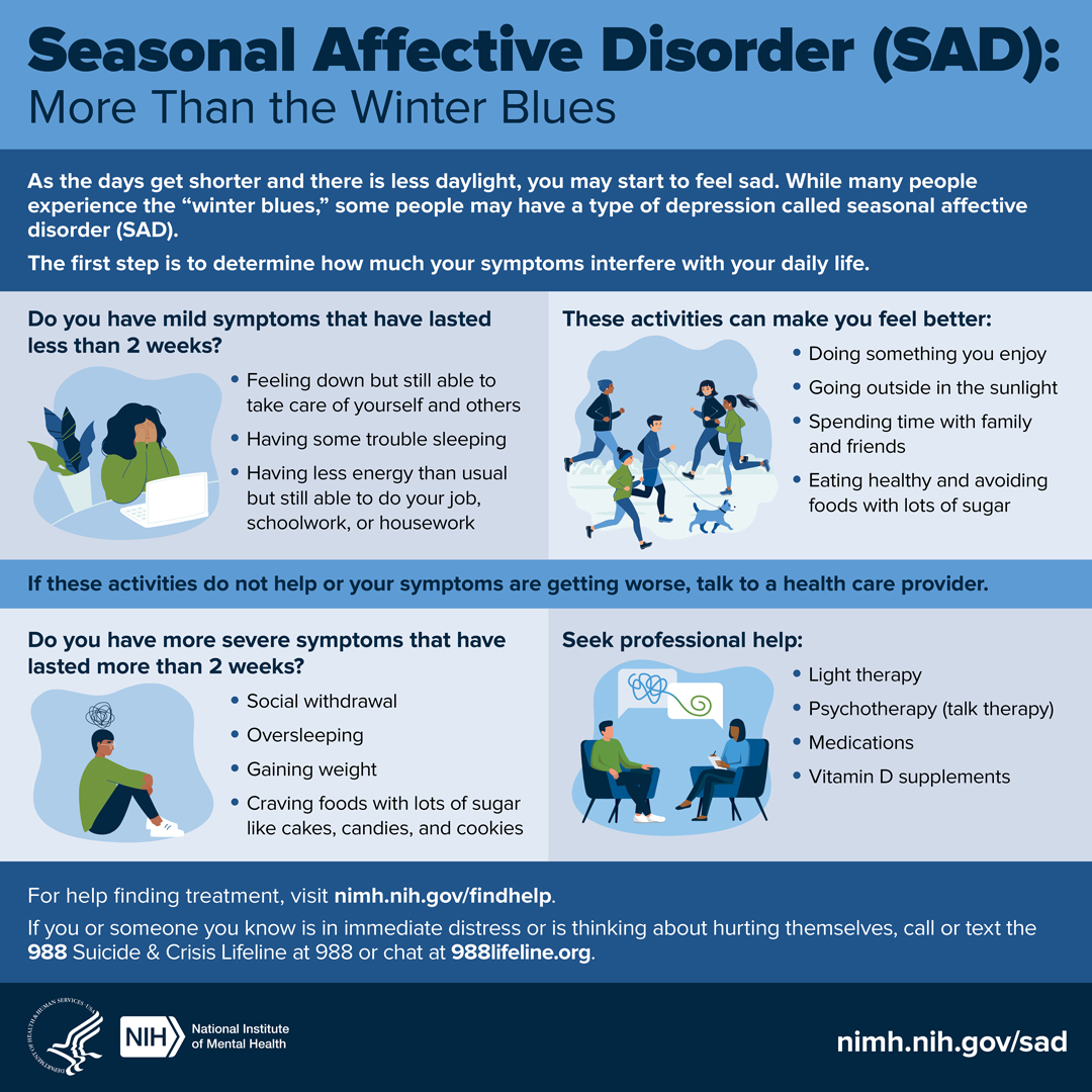 Presents information about how to recognize the symptoms of seasonal affective disorder (SAD) and what to do to get help. Points to nimh.nih.gov/SAD.