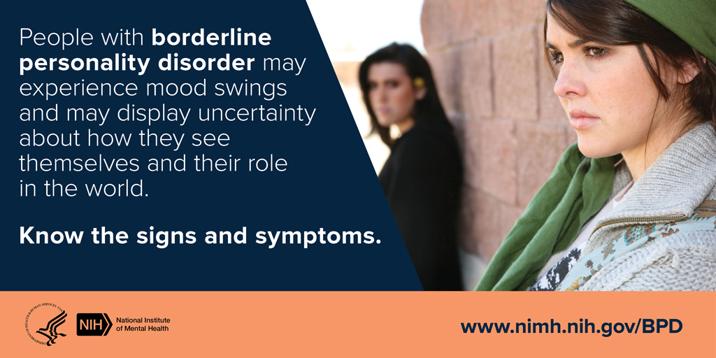 Young person leaning against a wall and standing at a distance from another person with the message “People with borderline personality disorder may experience mood swings and may display uncertainty about how they see themselves and their role in the world. Know the signs and symptoms.”