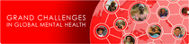 Grand Challenges in Global Mental Health thumbnail image for the sidebar. a Red rectangle with a red image  of earth, and people's faces in circles connected across world.