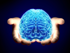 glowing blue brain held in hands