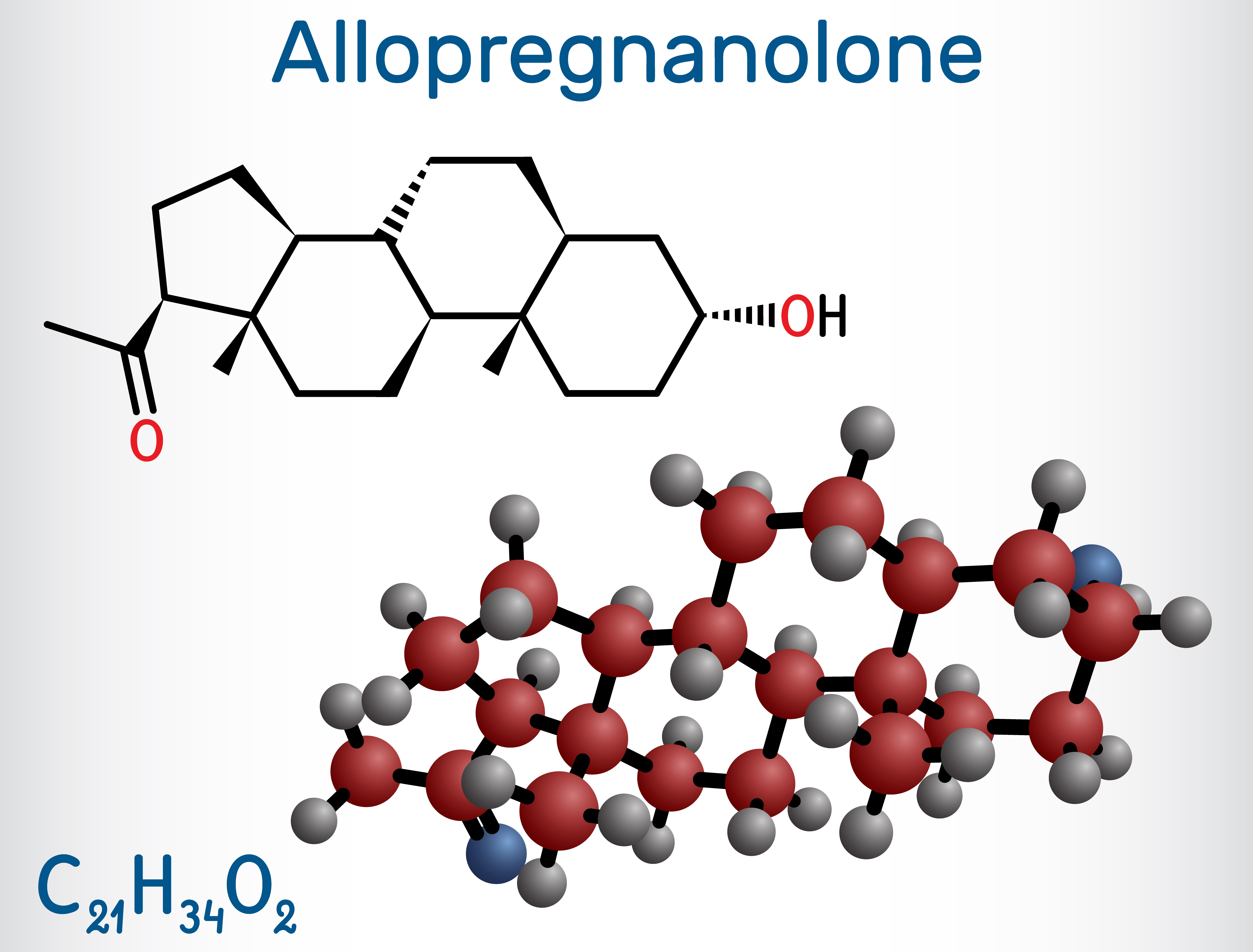 Chemical formula of allopregnanolone (C21 H34 O2) and visualization of allopregnanolone molecule.