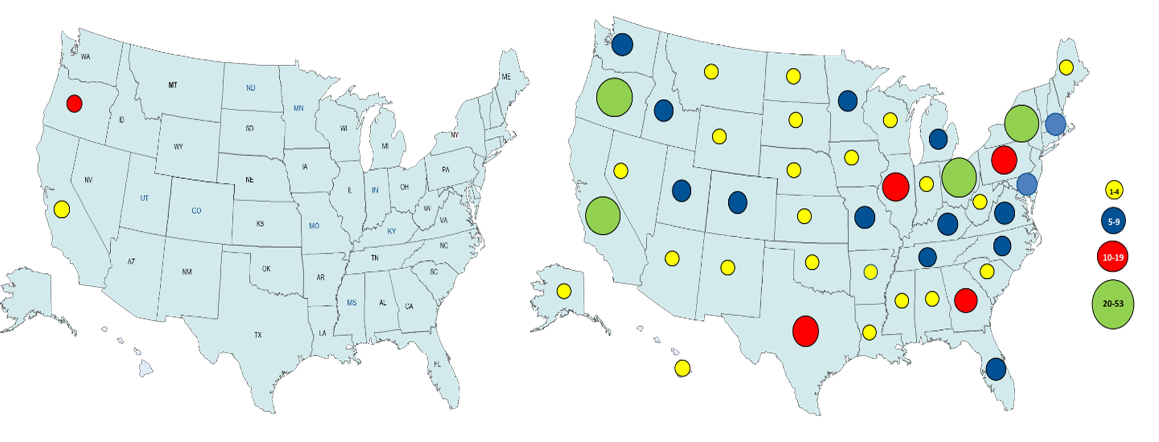U.S. maps showing the spread of coordinated specialty care from two states to all 50 states. 