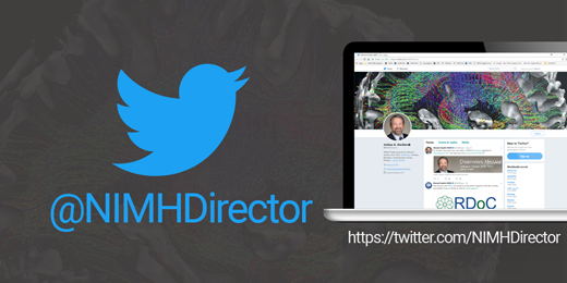 Twitter bird logo over "@NIMHDirector" next to laptop displaying the directors new twitter page.