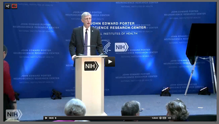 NIH Director Francis Collins and several current and former Institute directors, including NIMH’s Drs. Thomas Insel and Steven Hyman, spoke at the dedication ceremony for the Porter Neuroscience Research Center, earlier this year. 