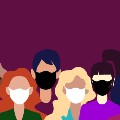 Illustration of a group of young people of different genders, races, and ethnicities standing in a row and wearing face masks. 
