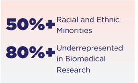 Data snapshot from the All of Us program showing that more than 50% of participants are from racial and ethnic minorities, and more than 80% of participants are underrepresented in biomedical research.