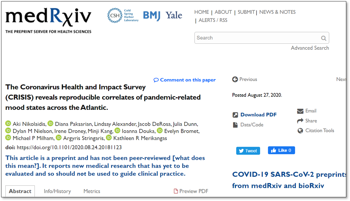 Screenshot of the pre-print manuscript on medRxiv, “The Coronavirus Health and Impact Survey (CRISIS) reveals reproducible correlates of pandemic-related mood states across the Atlantic.”