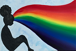 A black silhouette of a young girl with a colorful rainbow coming out of her head. Image credit: Madison Hueston, Charles Herbert Flowers High School.