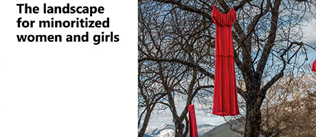 image of red women dresses hanging from trees, and one side the message "The landscape for minoritized women and girls."