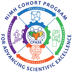 NIMH Cohort Program for Advancing Scientific Excellence. Continuous circle graphic showing the relationship between development, inclusion, mentorship, and excellence.