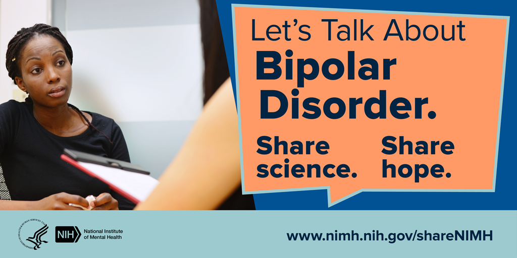 Illustration of a two persons talking, with the message, "Let's talk about bipolar disorder. Share science. Share hope."