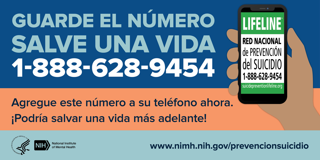 Ilustración de un teléfono celular con el número 1-888-628-9454, de Lifeline, la línea de ayuda de la Red Nacional de Prevención del Suicidio. 