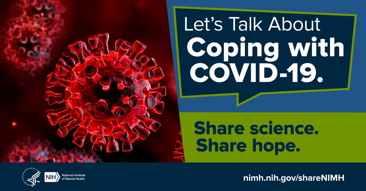 Illustration of coronavirus. Points to www.nimh.nih.gov/shareNIMH.