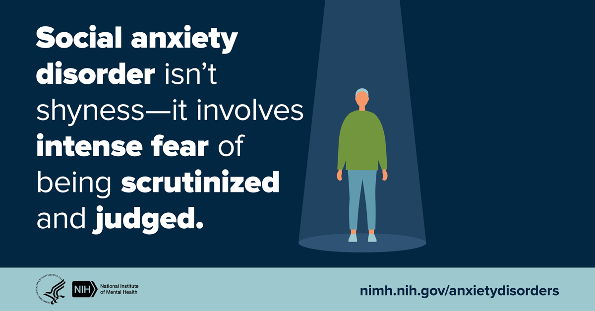 Illustration of a person in a spotlight with the message “Social anxiety disorder isn’t shyness—it involves intense fear of being scrutinized and judged.” Points to www.nimh.nih.gov/anxietydisorders