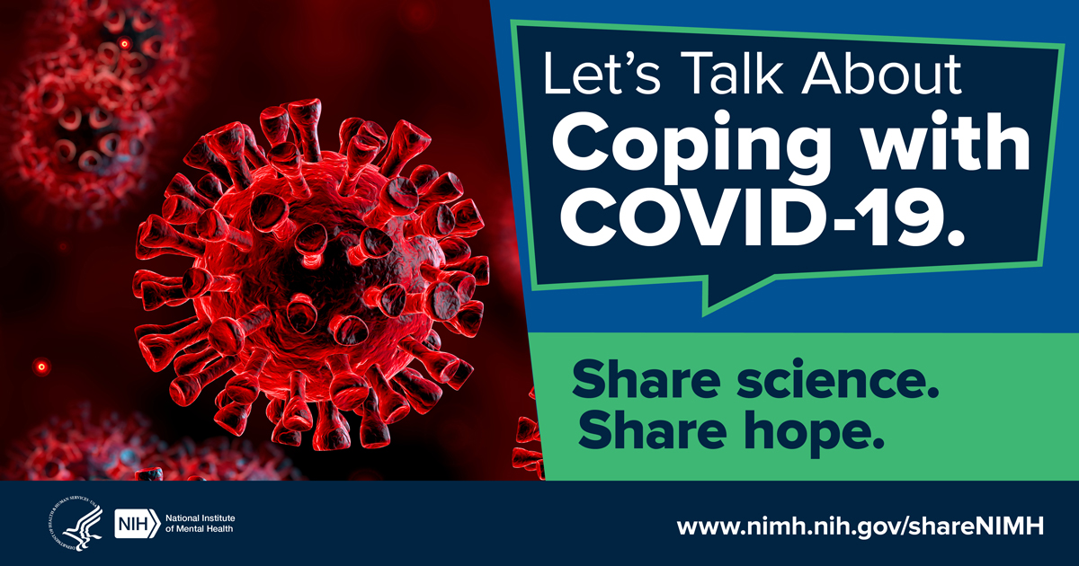 Illustration of coronavirus. Points to www.nimh.nih.gov/shareNIMH.