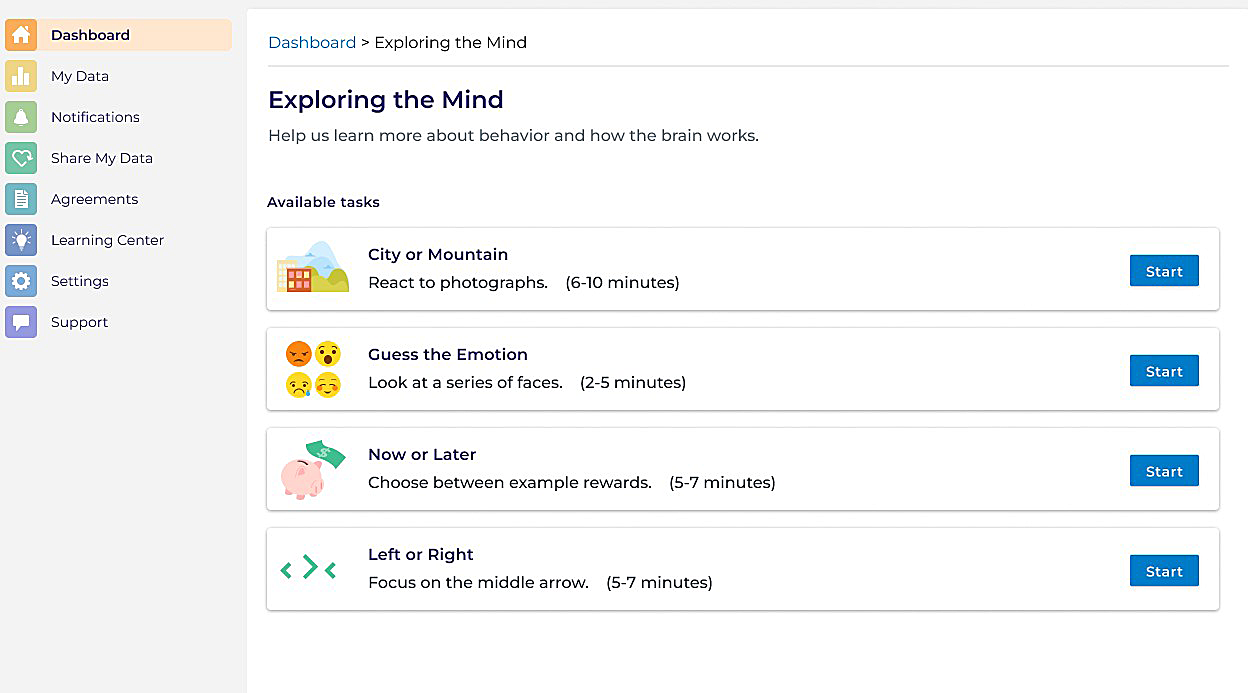 The computer dashboard showing all four of the Exploring the Mind tasks and how long they take to complete (between 2 and 4 minutes).