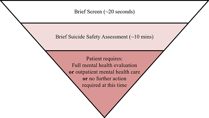 3-tiered youth suicide risk clinical pathway: Tier One: Brief Screen (less than a minute) - The initial step is a brief screen lasting less than a minute. Tier Two: Brief Suicide Safety Assessment (10-15 minutes) - If a patient screens positive for suicide risk, assess to guide next steps for the patient. Tier Three: Disposition - Identify next steps for care, based on the brief suicide safety assessment. Patient requires: Full mental health evaluation or outpatient mental health care or no further action.