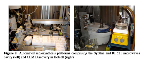 Figure 2: Automated radiosynthesis platforms comprising the Synthia and RI 521 microwaves cavity (left) and CEM Discovery in Hotcell (right)