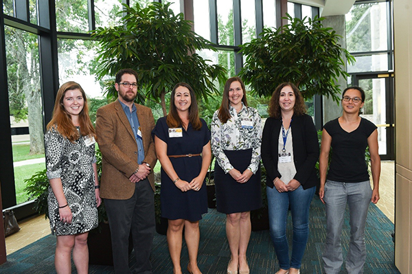 2017 Three-Minute Talks Competition Finalists - Left to Right: Maddie O’Brien, Michael Gregory, Ashley Smith, Katherine Reding, Lora Deuitch, and Jennifer Evans