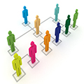 An organization chart featuring brightly colored icons of people standing in squares.