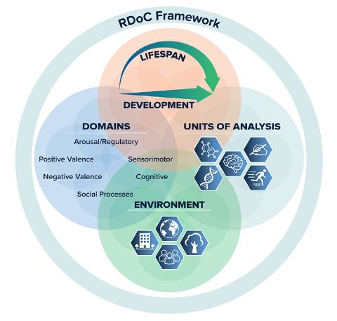 An image depicting the RDoC Framework that includes four overlapping circles (titled: Lifespan, Domains, Units of Analysis, and Environment).