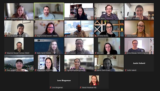 22 Global mental health team members appear in separate  zoom boxes while participating  in a monthly team meeting. 
