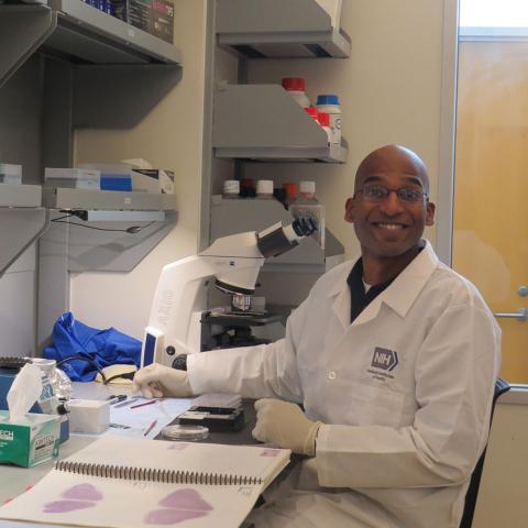 Guru (postdoc), with his big friendly smile, is sitting in the wetlab analyzing Nissl stained brain tissue
